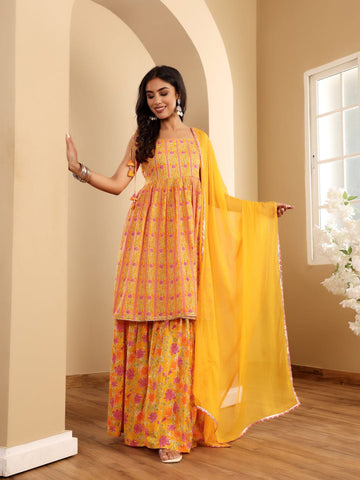 Varanga Women Floral Printed Strappy Flared Kurta With Sharara & Dupatta